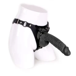 Leren Strap On Inclusief Zwarte Dildo Met Balzak - 24 Cm